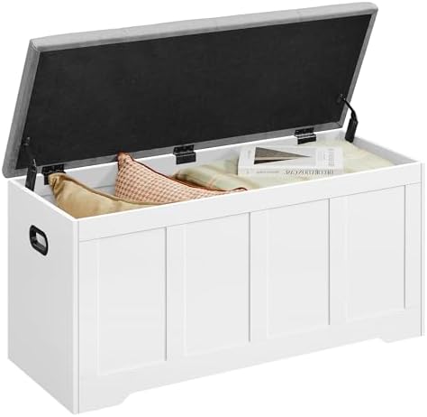 VASAGLE Truhe mit Deckel, Truhenbank mit Stauraum, 40 x 100 x 49 cm | Schuhbank, 2 Sicherheitsscharniere, traditioneller Stil, wolkenweiß-taubengrau, SIREN Kollektion LSB068W101