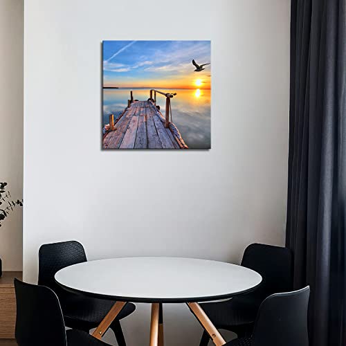 My Easy Art- Lake Under Sunset Wall Art Decor Bird Flying Over The Pier In Tropical Island Canvas Pictures Artwork Nature Nautical Landscape 24X24 Inch Painting Prints For Home Bathroom #TOP4