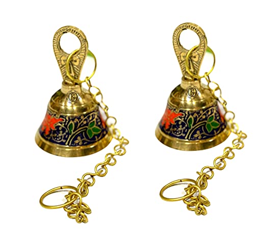Image of DSH Pure Brass Hanging Bell with Chain for Temple Mandir Door Home Decorative Ringing Bell (Blue, 2)