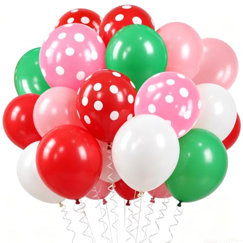 Image of TONIFUL 100 Pack Red Pink Green Polka Dot Latex Balloons - Strawberry Garden Theme Balloon for Birthday Spring Baby Shower Wedding Bachelorette Sweet 16 Party Decorations