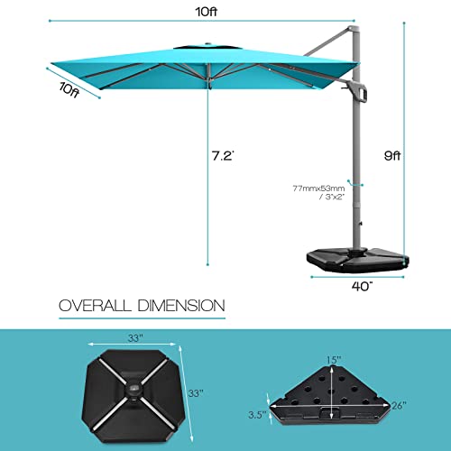 Tangkula 10Ft Patio Cantilever Umbrella, Outdoor Hanging Square Aluminum Sun Umbrella W/ 360° Rotation Function, 4-Level Tilting System & Hand-Crank, Weight Base Included, For Garden Backyard (Turquoise) #TOP3