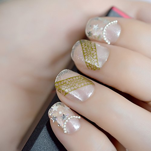 echiq klein rund TOP klar Kunstnägel French Nails Spitze Stern Shimmer bunt glitter gold print kurz Salon Fake verziert… – Bild 4