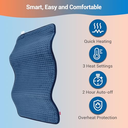 Image of Comfytemp Heating Pad for Back Pain Relief Gifts for Fathers Day, Electric Heating Pad for Period Cramps, Moist /Dry Heat, 3 Heat Settings, 2H Auto Off, Machine Washable (12 inch x24 inch, Navy Blue)