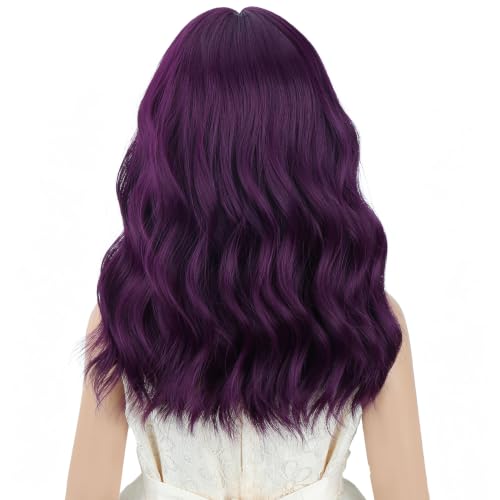 Image of Purple Wig Short Purple Wavy Curly Wigs Wig with Air Bangs Synthetic Cosplay Hair Wigs