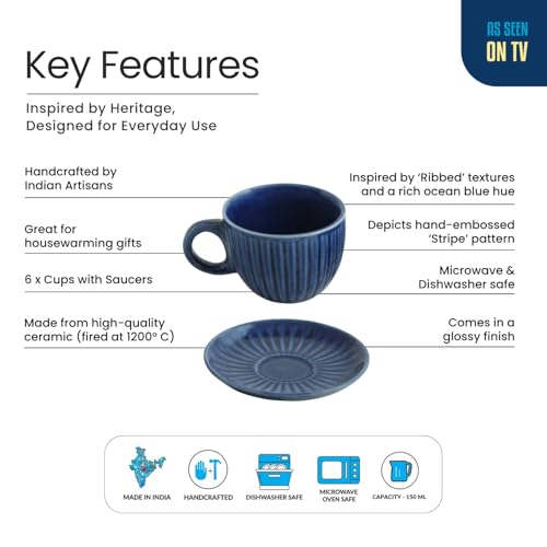 Image of ExclusiveLane 'Midnight Ripped' Hand Glazed Ceramic Tea Cups with Saucer Ceramic Coffee Cups Chai Tea Cup (Set of 6, 150 ML, Microwave Safe, Dishwasher Safe)