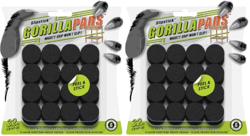 Image of GorillaPads 1 Inch Non-Slip Furniture Pads /Gripper Feet Skids (Set of 32) Self Adhesive Rubber Floor Protectors, Round, Black, CB147-32 (Pack of 2)