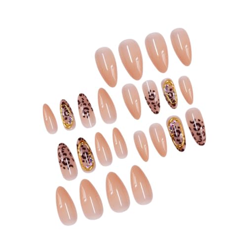 Image of Leopard Print Press on Nails Medium Almond Fake Nails Nude False Nail with Gold Line Design Glossy Full Cover Glue on Nails Artificial Acrylic Stick on Nail for Women Manicure 24Pcs