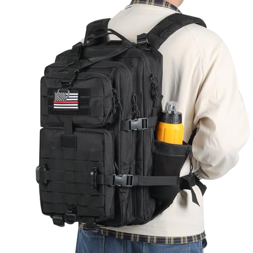 Image of Hannibal Tactical MOLLE Assault Backpack, Tactical Backpack Military Army Camping Rucksack, 3-Day Pack Trip w /USA Flag Patch, D-Rings, Flag patch with water bottle