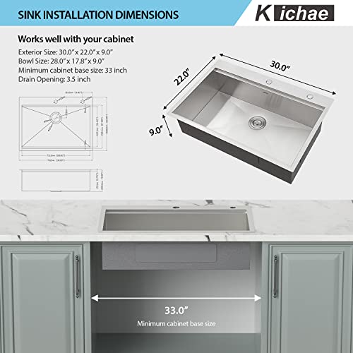 Image of Kichae 30 Kitchen Sink Drop In - 30 inch x 22 inch Drop Sink Stainless Steel 16 Gauge Ledge Workstation Single Bowl Topmount Overmount Kitchen Sink Handmade Basin with Glass Rinser