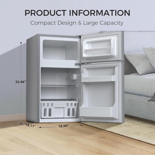 Image of Kismile 3.2 Cu.Ft Mini Fridge with Freezer, Compact Refrigerator, Grey | Removable Shelves, Two Doors, Adjustable Temperature, Perfect for Bedroom, Apartment, Office, Dorm