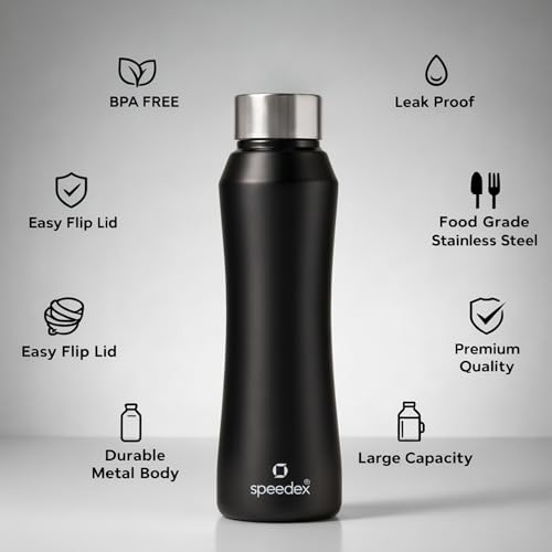 Image of Speedex Stainless Steel Water Bottle 1 Ltr, Leak Proof Screw Cap, BIS Approved 1000 ml Metal Bottle For Daily, Office, School, Gym, Travel Use for Men, Women, Kids, Adults, Black, Set of 4