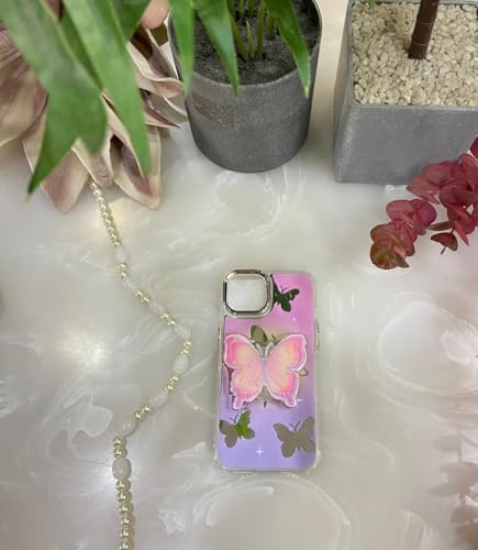 Image of COVERLY for iPhone 15 Pro Max 3D Luxury Butterfly Resin Stand Phone Case,Trendy Mirror Pop Cute Makeup Art Crystal Clear -Non Yellowing Love Heart Pearl Princess Cover for Apple iPhone 15 Pro Max