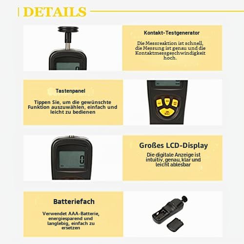 Digitaler Drehzahlmesser, LCD-Handheld-Kontaktdrehzahl Drehzahlmesser 0,5-19999 U/min, Hochpräziser Testerzähler mit Max/Min/LAST-Daten-Hintergrundbeleuchtungs-Haltefunktionen
