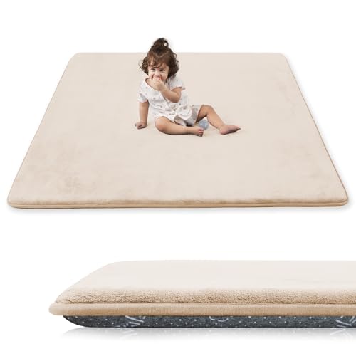 Image of 1.3 inch Thick Baby Play Mat for Floor, 79x79 Foam Play Mats, Beige | Memory Mat for Baby to Play on Floor Waterproof Easy Care with Non-Slip Tummy Time Play Mat for Nursery Playroom Classroom