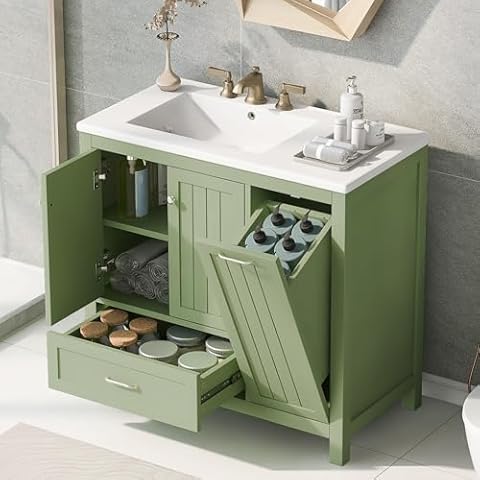 lapday 53 inch Large Kitchen Island with Trash Can Storage Cabinet, Islands Table with Drawer and Adjustable Shelves, Breakfast Bar Cabinet for 13 Gallon Garbage Bin (Green) Cover