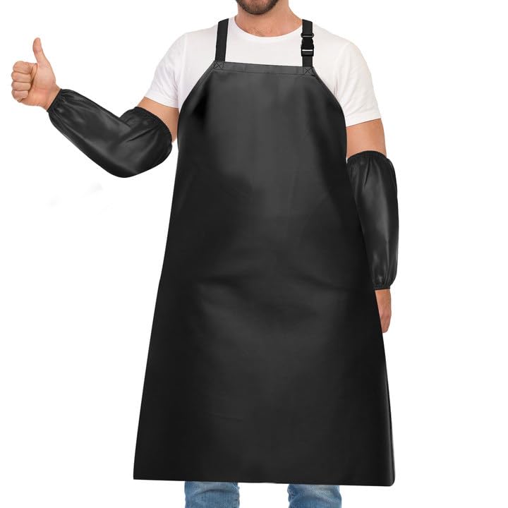 PWGHWG Schürze Wasserdicht Ölbeständige Arbeitsschürze Unisex Metzgerschürze mit 2 Ärmelschützer für Geschirrwaschen, Industrie, Metzgerei, Reinigung, Hundepflege (Schwarz)