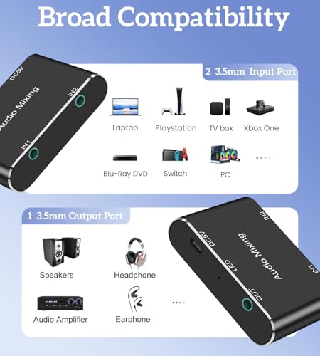 Image of 2 Channel Stereo Audio Mixer - 3.5mm Audio Mixer,Aluminum Shell - 3.5mm(1 /8in) A udio Interface Support 2 In 1 Out Mini Stereo Sound M ixer with 3.3FT Audi o Cables - For PC, Phone, Headphones, Laptop