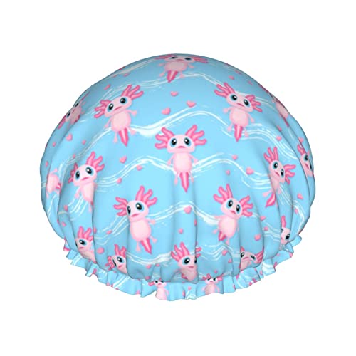 Cute Axolotl Kawaii Pattern Cuffie da doccia Cuffia da bagno riutilizzabile Cappello da doccia elastico da bagno Morbido impermeabile per cappucci per capelli di tutte le lunghezze di capelli