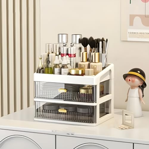 Image of HoopVool Desk Makeup Organizer, Plastic Storage Box with Sliding Drawer, Stylish Display Case for Cosmetics, Lotion, Nail Polish,Brushes,and Jewelry (2 - Layer, White)