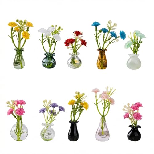10-Pack Magnetic Mini Glass Vases Set with 30+ Flowers - Strong Magnet Decor for Fridge Locker and Office - Small for Mom and Women