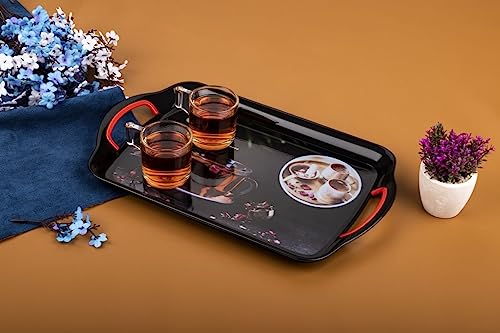 Image of Finner Premium Era Serving Tray Set of 3 Kashmiri Kahwa Print Design Plastic Material Glossy Finish BPA Free Trays for Kitchen and Office and Home Decor (Black, Set of 3)