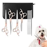 🐩【Kit de Corte de Precisión】 Las tijeras para el cuidado de animales y un peine de acero son ideales para eliminar enredos, alfombras, pelo suelto y suciedad. Las tijeras rectas se usan para cortar el pelo, principalmente para las partes planas del pelo de los animales. Las tijeras delgadas se usan para el cabello fino. Las dos tijeras curvas están diseñadas para pestañas, nariz, cara, orejas, barriga, caderas, etc.