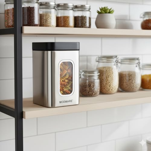 Image of MODWARE Keepex Stainless Steel Kitchen Storage Container, Airtight Silver Jar with Viewing Window, Fingerprint-Proof, Dishwasher Safe, Jars for Snacks, Fry Food, Masala, Cookies 1000ml Capacity