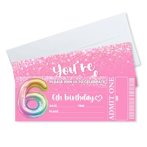 3 x 8 Inches 6th Birthday Invitations - 20 Pcs Rainbow Balloon Invites Cards With 20 Envelopes - Double-Sided Fill-In Vip Tickets For Girl, Teen - Birthday Party Invitation Favors & Decorations - C05