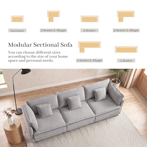 Image of Corduroy Sectional Couch, 3 Seater 113 inch Cloud Couch, Modular Deep Seat Sofa with Pillows for Living Room, Apartment, Lightgrey