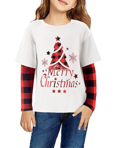 Image of Arshiner Girls Christmas Halloween Long Sleeve Shirts Graphic Stripe Plaid Patchwork Top Tee