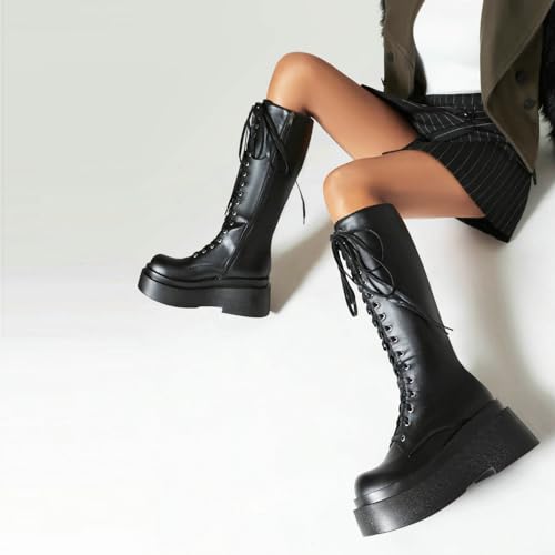 Image of Parisuit Women's Knee High Goth Platform Boots Lace Up Combat Boots