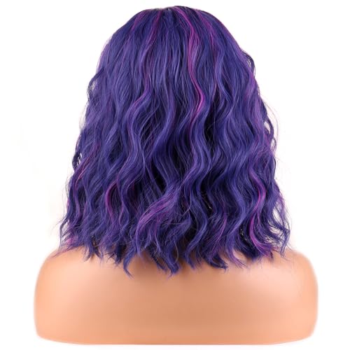 Image of BERON Blue Mixed Pink Wigs for Women Girls Pink and Blue Side Part Short Curly Wavy Wig Shoulder Length Body Wave Halloween Cosplay Daily Party Wigs