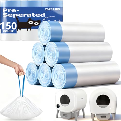 150 Count Automatic Cat Litter Box Bags Compatible with Cmg Fmo Fstg Robot Litter box Pre-Seperated Thick Self-Cleaning Cat Litter Box Replacement Liners with Drawstring Heavy Duty-26x11.8