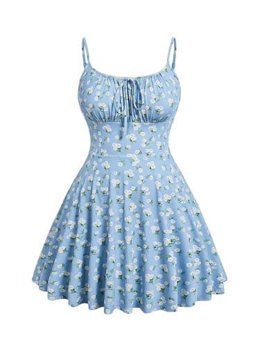 Image of Floerns Women's Plus Size Boho Floral Milkmaid Bow Tie Ruched Cami Summer Holiday Flowy Mini Dress