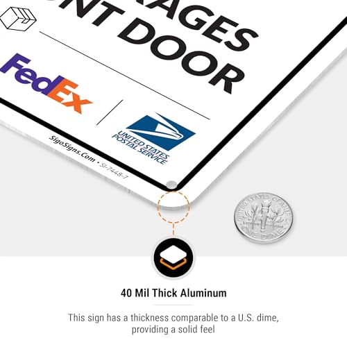 Image of Package Delivery Sign, Delivery Instructions Deliver All Package to Front Door Up Arrow Sign, 10x7 Inches, Rust Free .040 Aluminum, Fade Resistant, Made in USA