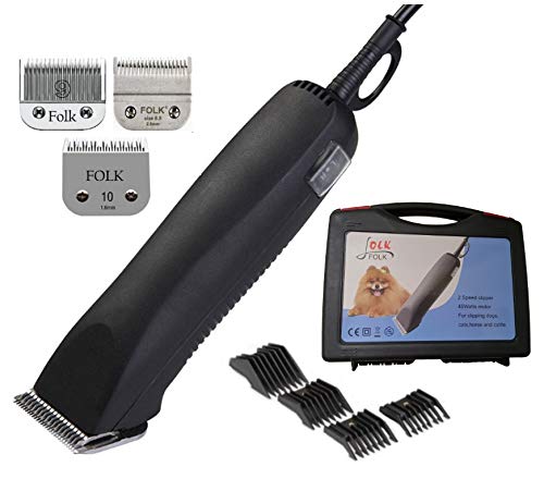 Folk Esquiladora peladora Marca Modelo FL4 de 45w para Perros, Gatos, Amplia Gama de Cuchillas Serie A5. Kit (con 3 Cabezales Nº9, Nº10 y Nº8,5)