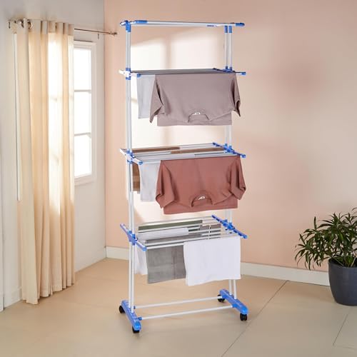 Amazon Brand - Solimo Plastic 4 Layer Mega Cloth Drying Stand|Foldable Wings,Smooth Wheels|Dimensions: 76 * 28 * 15 Cm(Blue and White) (B0CSFGVHRQ) Amazon Price History, Amazon Price Tracker