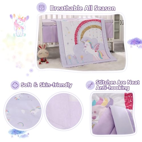 Wowelife Unicorn Crib Bedding Set 3 Pieces Baby Girl Crib Bed Set Crib Comforter Set for Girls Nursery Bedding Set Purple Include Baby Comforter, Skirt and Sheet, Purple by Wowelife - Image 8