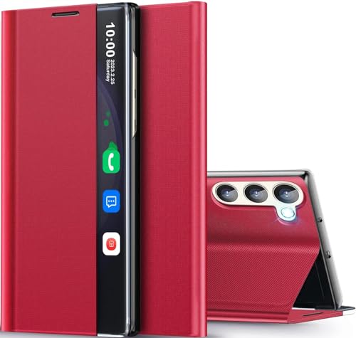 for Samsung Galaxy S22 Case View Clear Smart Window, with Kickstand for Samsung S22 Case Luxury Flip Slim Mirror Hard PC Leather View Clear Smart Window Cover for Samsung Galaxy S22 5G Phone Case Red