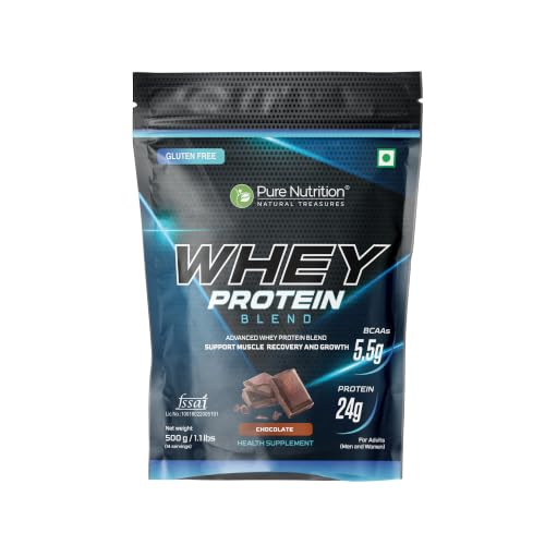 Image of Pure Nutrition Whey Protein Blend (Isolate + Concentrate) 500g, 30 Servings, 24g Protein, 5.5g BCAA per Serving | Supplement Powder for Men & Women for Muscle Recovery & Growth, Chocolate Flavour
