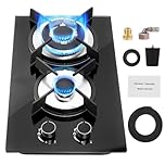 Gas Hob 2 burners, Built in Glass Gas Hob,with Cast Iron Supports,NG/LPG Convertible 5.05 kW Black