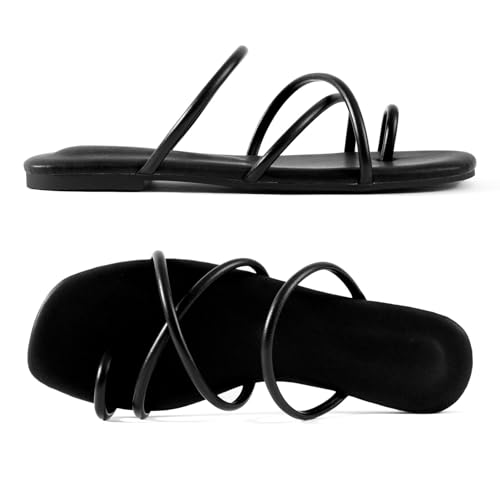 Image of Mtzyoa Women's Strappy Flat Sandals with Toe Ring | Lightweight Walking Slides | Summer Beach Wedding Shoes | Black | Casual Dressy Vacation