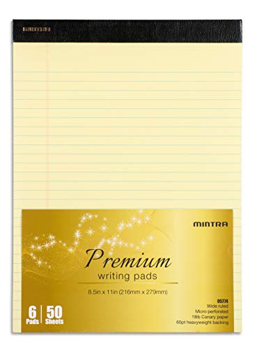 Image of Mintra Office Canary Legal Pads - Premium Quality Heavyweight Paper With Micro-perforated sheets, Smooth-lined paper, Ideal for Office Tasks, Assignments or Notes, Meetings, and Journaling, 6 pack WIDE RULED, Yellow Paper, Premium Writing Pad, 8.5 inchx11 inch