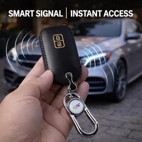 Image of JVCV Car Styling Soft Handmade Leather Key Cover Compatible with Suzuki Jimny Fronx Grand Vitara Victoris Baleno XL6 Swift Ertiga, Dzire Urban Cruiser Glanza, Hyryder (2 Button Smart Key, Black)