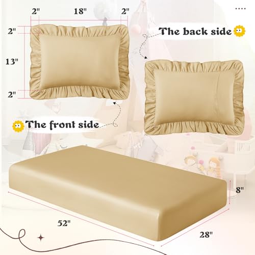 Image of KKJIAF 3 Piece Toddler Sheet Set Microfiber, Includes a Flat Sheet, a Fitted Sheet and a Ruffle Pillowcase, Gold