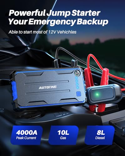 Image of AUTOONE 4000A Car Jump Starter, Battery Jumper Starter Portable for Compact Car Up to 10.0L Gas and 8.0L Diesel Engine Jump Box with Jumper Cables, USB Output and LED Light