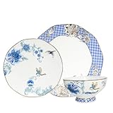 ACMLIFE Juego de vajilla de porcelana china para 4, juego de vajilla de porcelana de 12 piezas, platos de cena y platos de ensalada/postre para 4 con cuencos, regalos de Navidad para mujeres (12, azul