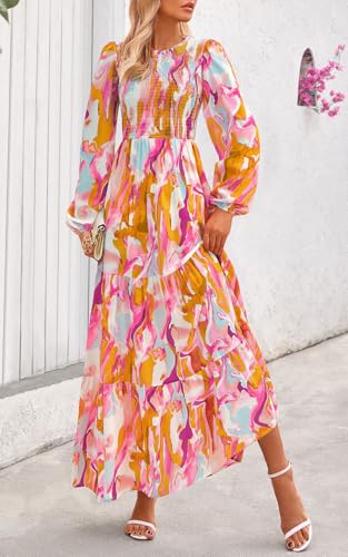 Image of PRETTYGARDEN Women's Fall Dresses 2026 Long Sleeve Flowy Casual Floral Maxi Dress Crew Neck Smocked Tiered Long Dress