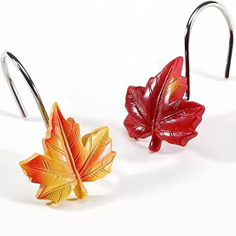 Maple Leaf Shower Curtain Hooks, 12Pcs Thanksgiving Decorative Shower Curtain Hooks, CHICTIE Autumn Fall Leaves Shower Curtain Rings Rustproof for Bathroom Bedroom Room Decor (Red + Yellow) Cover