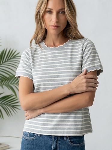 KevaMolly Women Stripe Scalloped Cotton Blend T Shirt Grey Stripe XXL — view 3